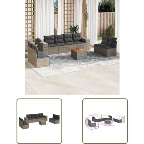 The Living Store 9-tlg. Garten-Sofagarnitur mit Kissen Grau Poly Rattan - Gartensortiment - Gartenmöbelset - Outdoor Möbel - Lounge Set - Rattan Gartenmöbel