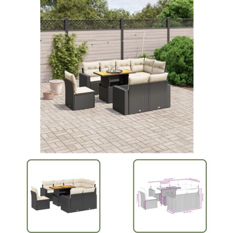 The Living Store 9-tlg. Garten-Sofagarnitur mit Kissen Schwarz Poly Rattan - Gartenmöbel - Esszimmergarnitur - Outdoor Möbel - Lounge Set - Rattan Gartenmöbel