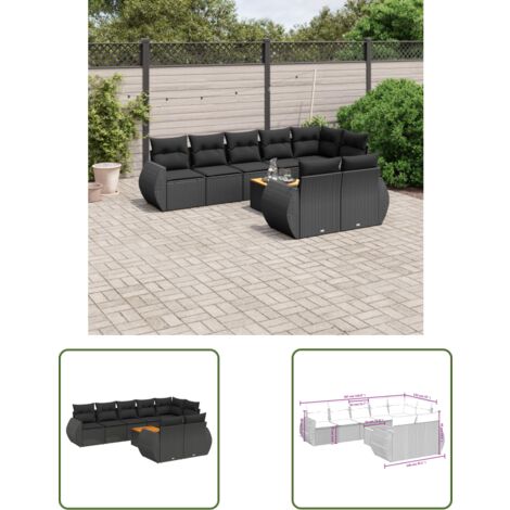 The Living Store 9-tlg. Garten-Sofagarnitur mit Kissen Schwarz Poly Rattan - Gartenmöbel - Esszimmergarnituren - Outdoor Möbel - Lounge Set - Rattan Gartenmöbel