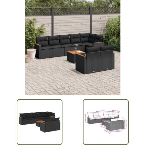 The Living Store 9-tlg. Garten-Sofagarnitur mit Kissen Schwarz Poly Rattan - Gartenmöbel Set - Esszimmergarnitur - Outdoor Möbel - Rattan Sofa - Lounge Set