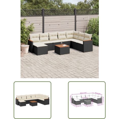 The Living Store 9-tlg. Garten-Sofagarnitur mit Kissen Schwarz Poly Rattan - Gartenmöbel Set - Esszimmergarnitur - Outdoor Möbel - Rattan Sofa - Lounge Set