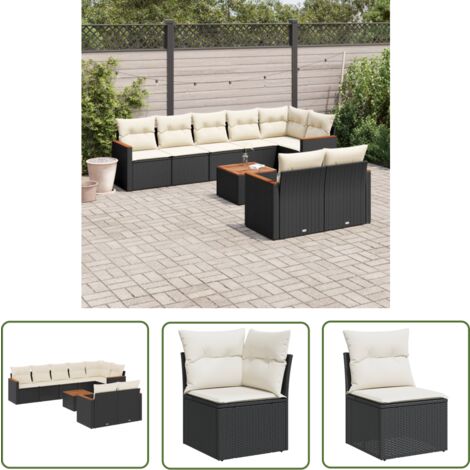 The Living Store 9-tlg. Garten-Sofagarnitur mit Kissen Schwarz Poly Rattan - Gartenmöbel Set - Outdoor Lounge - Rattan Gartenset - Esstisch Set - Balkonmöbel