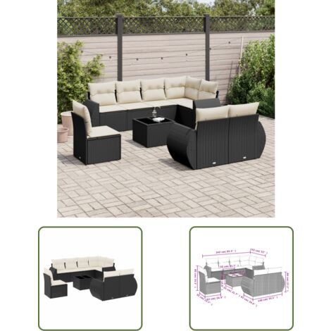 The Living Store 9-tlg. Garten-Sofagarnitur mit Kissen Schwarz Poly Rattan - Gartenmöbel Set - Outdoor Möbel - Rattan Gartenset - Lounge Set - Esstisch Set