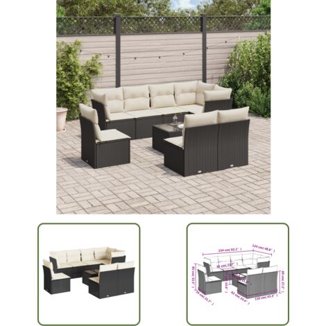 The Living Store 9-tlg. Garten-Sofagarnitur mit Kissen Schwarz Poly Rattan - Gartenmöbel Set - PE-Rattan Möbel - Outdoor Sofa - Esstisch - Lounge Garnitur