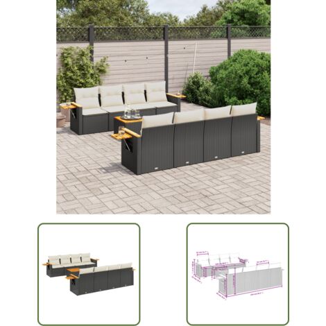The Living Store 9-tlg. Garten-Sofagarnitur mit Kissen Schwarz Poly Rattan - Gartenmöbel - Sofa Set - Rattan Möbel - Outdoor Sofa - Balkonmöbel