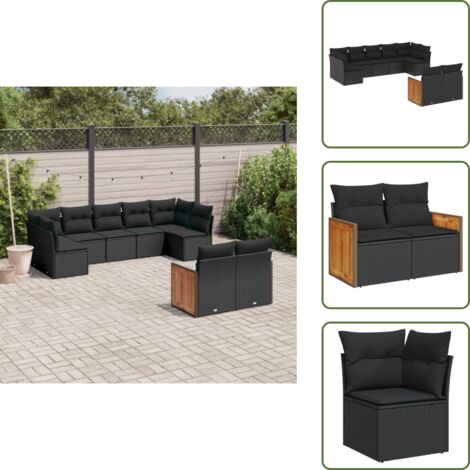 The Living Store 9-tlg. Garten-Sofagarnitur mit Kissen Schwarz Poly Rattan - Gartensessel