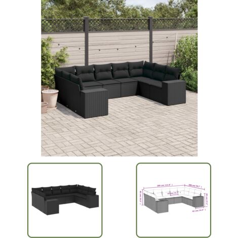 The Living Store 9-tlg. Garten-Sofagarnitur mit Kissen Schwarz Poly Rattan - Gartensofas - Outdoor Möbel - Gartenlounge - Rattan Gartenmöbel - Wetterfeste Gartenmöbel