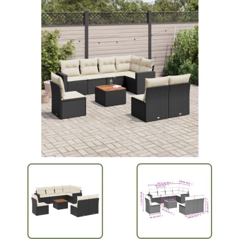 The Living Store 9-tlg. Garten-Sofagarnitur mit Kissen Schwarz Poly Rattan - Gartensorte - Gartenmöbel Set - Outdoor Möbel - Lounge Set - Rattan Gartenmöbel