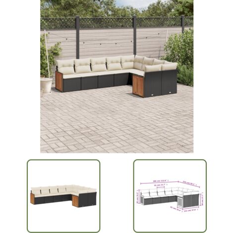 The Living Store 9-tlg. Garten-Sofagarnitur mit Kissen Schwarz Poly Rattan - Gartensorte - Gartenmöbelset - PE-Rattan Möbel - Outdoor Lounge Set - Balkonmöbel