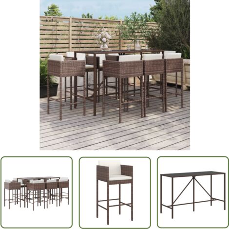The Living Store 9-tlg. Gartenbar-Set mit Kissen Braun Poly Rattan - Gartensitzgruppe - Outdoor Möbel - Gartenbar - Lounge Set - Rattan Gartenmöbel