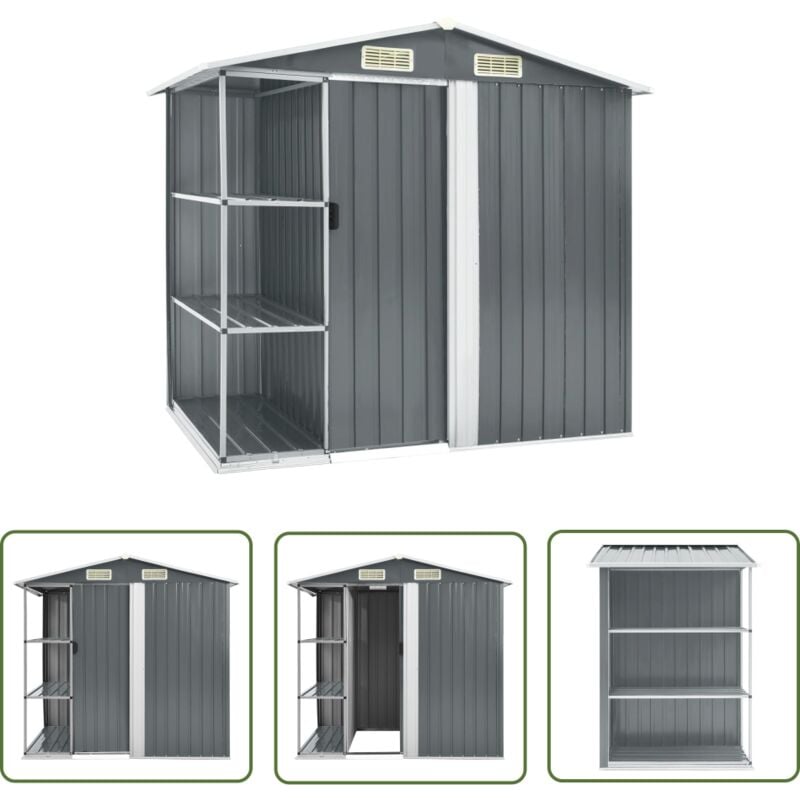 The Living Store Abri de jardin avec étagère Gris 205x130x183 cm Fer - Abri De Jardin - Abri De Rangement - Cabane De Jardin - Garage De Jardin