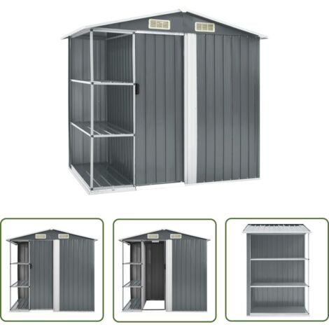 The Living Store Abri de jardin avec étagère Gris 205x130x183 cm Fer - Abri De Jardin - Abri De Rangement - Cabane De Jardin - Garage De Jardin - Outillage De Jardin