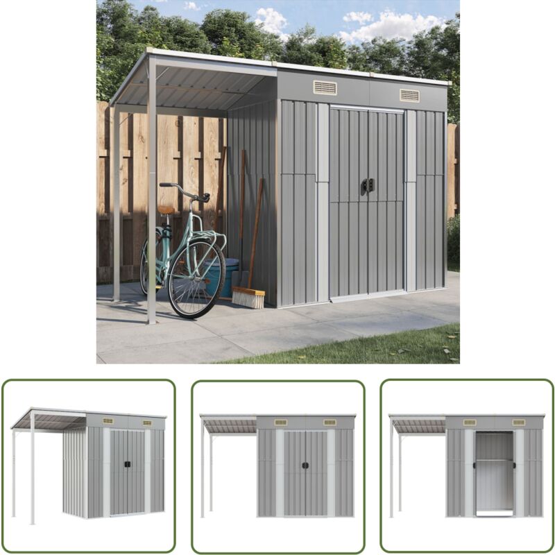 Abri de jardin avec toit prolongé gris clair 277x110,5x181 cm - Abri De Jardin - Abri Métallique - Stockage Exterieur - Rangements Jardin - Outillage