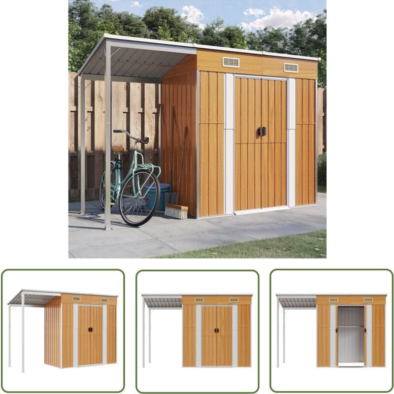 Abri de jardin avec toit prolongé marron clair 277x110,5x181 cm - Abri De Jardin - Abri Métallique - Rangement Extérieur - Stockage Outil - Cabane