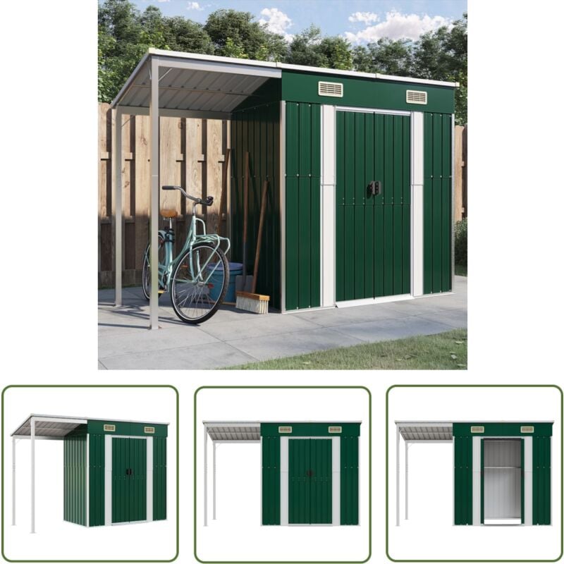 Abri de jardin avec toit prolongé vert 277x110,5x181 cm acier - Abri De Jardin - Abri Métallique - Stockage Extérieur - Rangement Jardin - Outillage