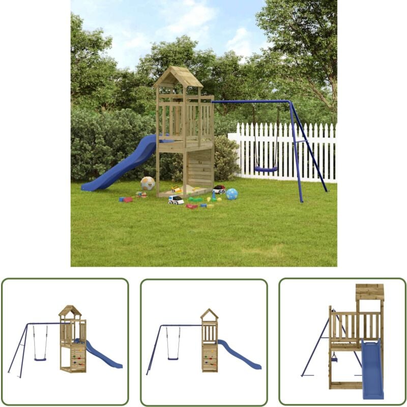 Aire de jeux d'extérieur bois de pin imprégné - Ensemble De Jeux Extérieur - Jeux De Plein Air - Aire De Jeux - Jouet Bois - Toboggan - The Living