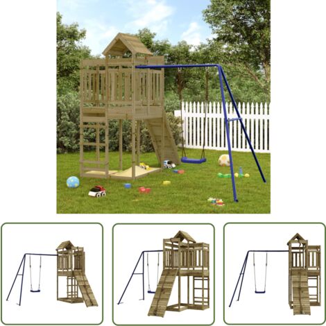 The Living Store Aire de jeux d'extérieur bois de pin imprégné - Aire De Jeux Enfant - Jeux Extérieur Bois - Toboggan - Balançoire - Jeux D'aventure