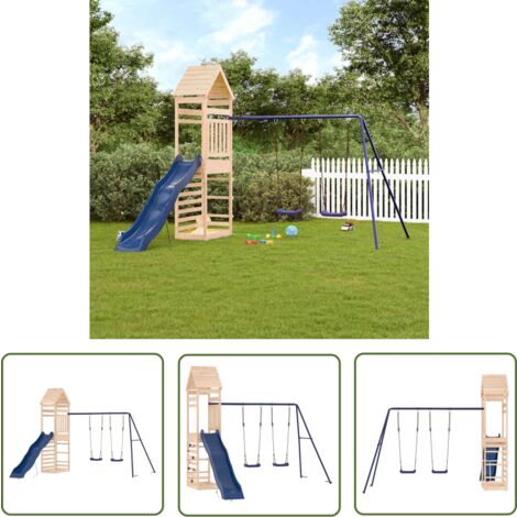 The Living Store Aire de jeux d'extérieur bois de pin massif - Aire De Jeux Extérieur - Jeux D'enfants - Jouet Bois - Toboggan Enfant - Balançoire Double