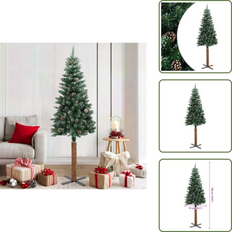 The Living Store Albero di Natale Sottile con Legno Vero e Neve Verde 180 cm - Albero di Natale in PVC
