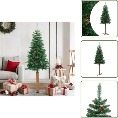 The Living Store Albero di Natale Sottile con Legno Vero e Pigne Verde 150cm PVC - Albero di Natale in PVC