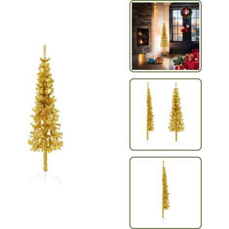 The Living Store Albero Natale Artificiale Sottile a Metà con Supporto Oro 150cm - Albero di Natale sottile
