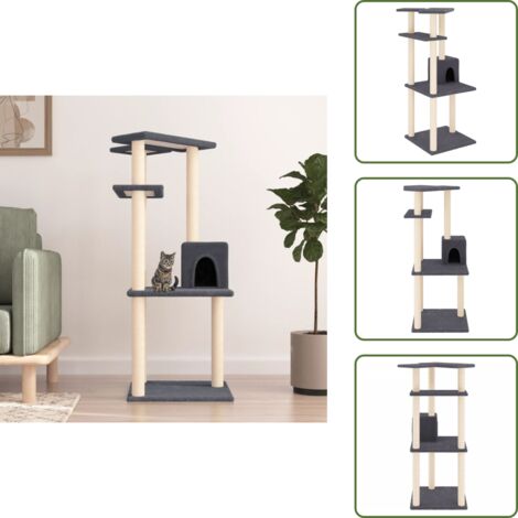 The Living Store Albero per Gatti con Tiragraffi in Sisal Grigio Scuro 123 cm - Albero per gatti in sisal