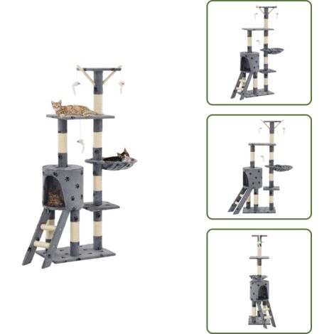 The Living Store Albero per Gatti e Tiragraffi Sisal 138cm Zampe Stampate Grigio - Tiragraffi per gatti