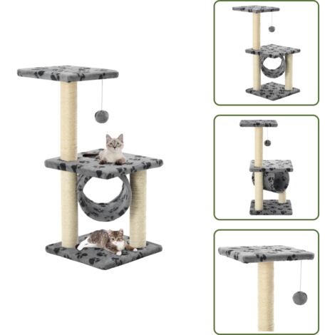 The Living Store Albero per Gatti e Tiragraffi Sisal 65 cm Zampe Stampate Grigio - Tiragraffi per gatti