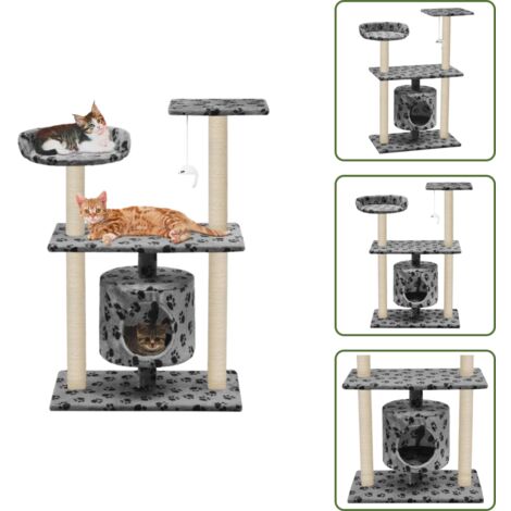 The Living Store Albero per Gatti e Tiragraffi Sisal 95 cm Zampe Stampate Grigio - Tiragraffi per gatti
