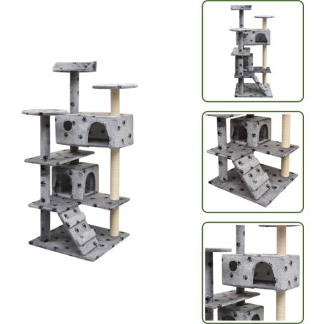 The Living Store Albero per Gatti Tiragraffi in Sisal 125 cm Zampe Stampate Grigio - Tiragraffi per gatti