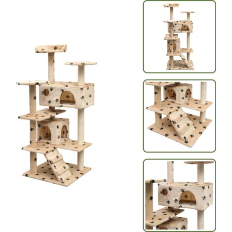 The Living Store Albero per Gatti Tiragraffi Sisal 125 cm Zampe Stampate Beige - Tiragraffi per gatti