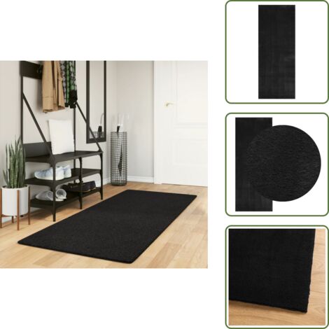 The Living Store Alfombra de pelo corto suave lavable HUARTE negro 80x200 cm - Alfombra lavable