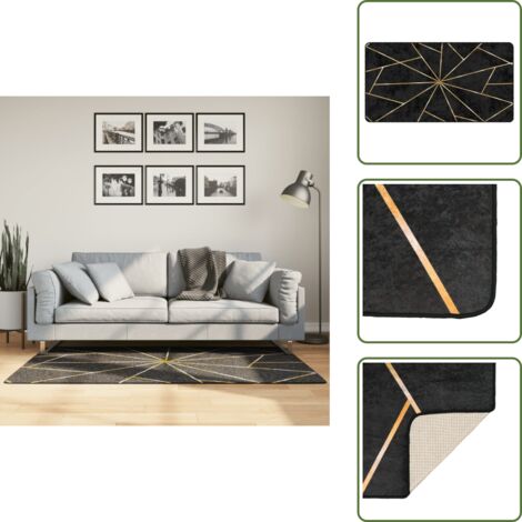 The Living Store Alfombra lavable negro y dorado 80x150 cm - Alfombra antideslizante