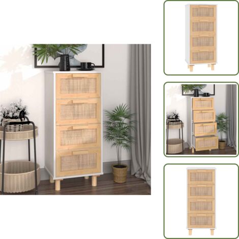 The Living Store Aparador blanco madera pino maciza y ratán natural 40x30x90 cm - Madera contrachapada