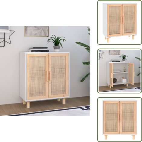The Living Store Aparador blanco madera pino maciza y ratán natural 60x30x70 cm - Aparador blanco