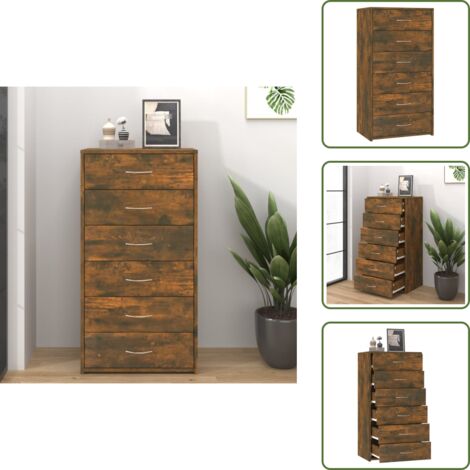 The Living Store Aparador con 6 cajones contrachapado roble ahumado 50x34x96 cm - Almacenamiento