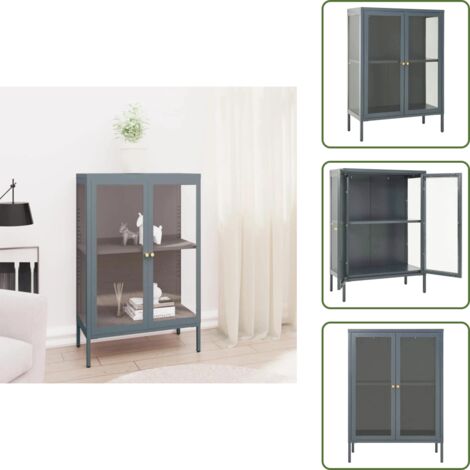 The Living Store Aparador de acero y vidrio gris antracita 75x35x105 cm - Aparador de vidrio