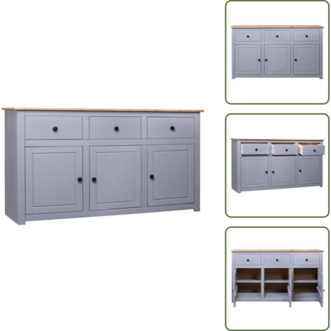 The Living Store Aparador de madera maciza pino estilo Panamá gris 135x40x80 cm - Cajón