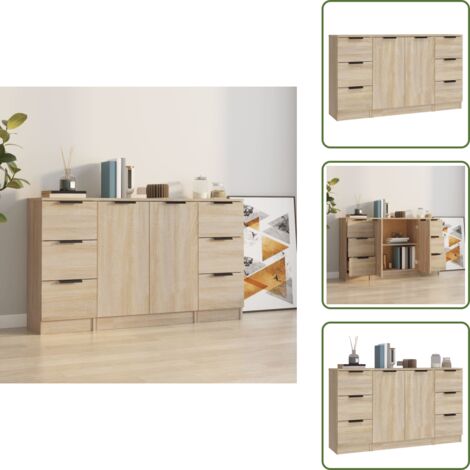The Living Store Aparadores 3 piezas madera contrachapada color roble sonoma - Aparadores con cajones