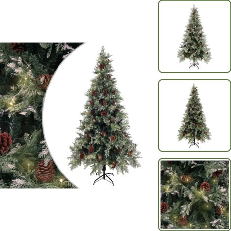 The Living Store Árbol de Navidad con luces y piñas PVC PE verde y blanco 225 cm - Luces LED