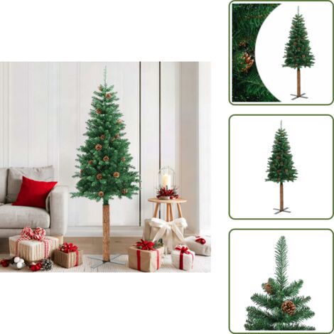 The Living Store Árbol de Navidad delgado madera auténtica y piñas PVC 180 cm - Decoración Navideña
