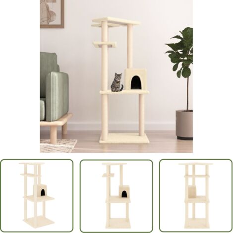 The Living Store Arbre à chat avec griffoirs en sisal crème 123 cm - Arbre À Chat - Meuble Pour Chat - Tour Pour Chat - Griffoir Chat - Peluche Chat