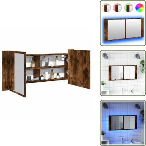 The Living Store Armadietto a Specchio con LED Rovere Fumo 100x12x45 cm - Armadietto per trucco