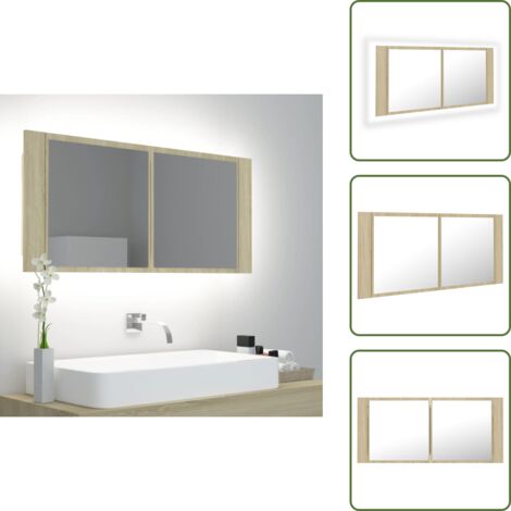 The Living Store Armadietto a Specchio con Luci LED Rovere Sonoma in Acrilico - Specchio con luce LED