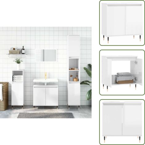The Living Store Armadietto Bagno Bianco Lucido 58x33x60cm in Legno Multistrato - Armadio da bagno