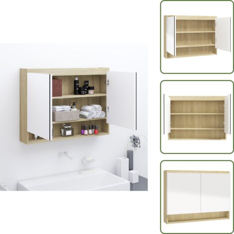 The Living Store Armadietto Bagno con Specchio 80x15x60cm in MDF Bianco e Rovere - Armadietto con specchio