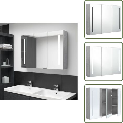 The Living Store Armadietto Bagno con Specchio e LED Grigio Cemento 89x14x62 cm - Armadietto con specchio