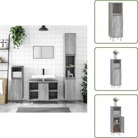 The Living Store Armadietto Bagno Grigio Sonoma 30x30x100cm in Legno Multistrato - Armadio da bagno