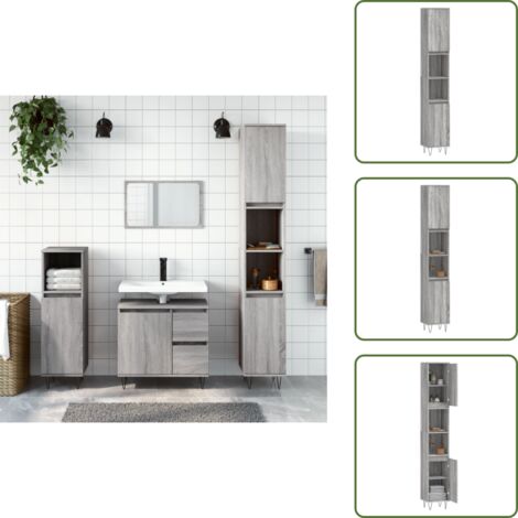 The Living Store Armadietto Bagno Grigio Sonoma 30x30x190cm in Legno Multistrato - Armadio da bagno