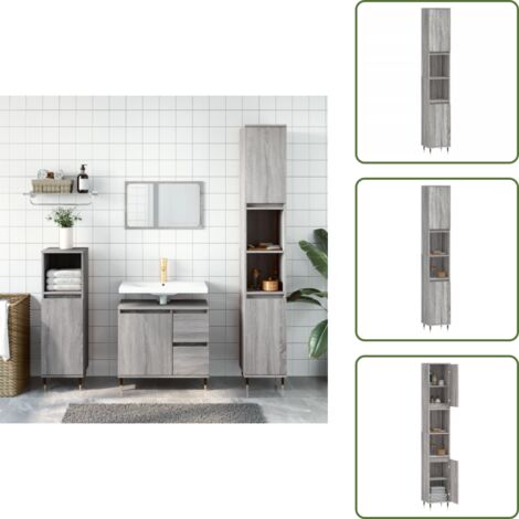 The Living Store Armadietto Bagno Grigio Sonoma 30x30x190cm in Legno Multistrato - Armadio da bagno